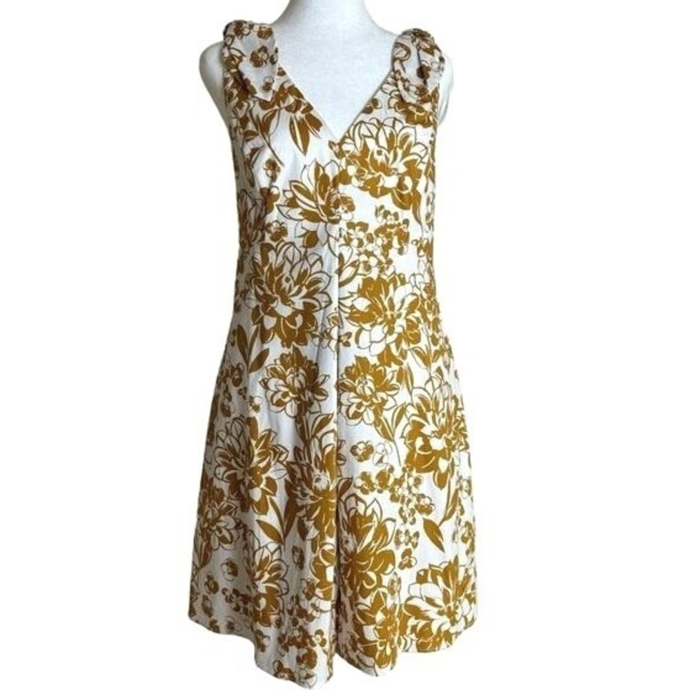 ELIZA J Mustard Yellow Floral Print Fit Flare Grad Dress Sleeveless Bow‎ NWT...